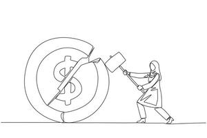 Continuous one line drawing Arab businesswoman preparing to hit coin with dollar symbol. Failed to get new investor. Failed to get income. Expressing anger. Single line draw design illustration vector