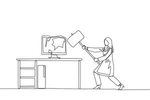 Continuous one line drawing Arab businesswoman preparing to hit computer monitor on work desk. Stocks don't rise. Didn't get any profit. Anger escalated. Single line draw design illustration vector