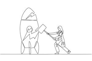 Single continuous line drawing Arabian businesswoman preparing to hit standing rocket. Rampage. Not ready to accept new technology. Not ready for competition. Lost. One line design illustration vector