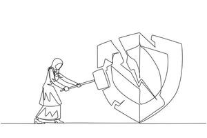 Continuous one line drawing Arabian businesswoman preparing to hit shield. System is undermined by business competitors. Unfair competition. Virus attack. Single line draw design illustration vector