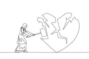 Single continuous line drawing Arabian businesswoman preparing to hit the big heart. Broken heart. Loss of concentration. Emotional feeling. No direction. Angry. One line design illustration vector