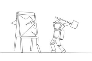 Single one line drawing young astronaut preparing to hit the big flip chart. Rampage. Destroy business reports that are not as desired. Anger exploded. Continuous line design graphic illustration vector