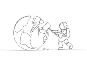 Continuous one line drawing astronaut preparing to hit the big globe. Disappointed with the world. Businesses fall apart before it grow. Deepest anger. Single line draw design illustration vector