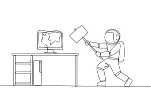 Single continuous line drawing young astronaut preparing to hit computer monitor on the work desk. Stocks that don't rise. Didn't get any profit. Anger escalated. One line design illustration vector