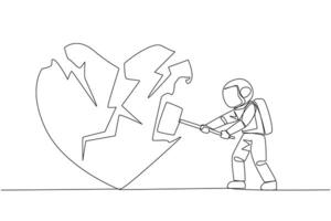 Single continuous line drawing young astronaut preparing to hit the big heart. Broken heart. Loss of concentration. Emotional feeling. No direction. Angry. Madness. One line design illustration vector