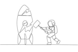 Single continuous line drawing young astronaut preparing to hit a standing rocket. Rampage. Not ready to accept new technology. Not ready for competition. Lost. One line design illustration vector