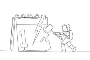Continuous one line drawing astronaut preparing to hit the big desk calendar. Very angry expression. Lots of deadlines, holiday schedules become messy. Single line draw design illustration vector