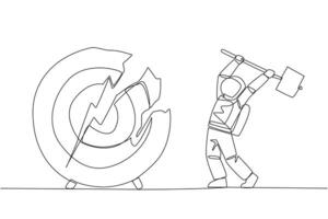 Continuous one line drawing astronaut preparing to hit a big target arrow board. Rampage. Failed to focus, failed to get the promised reward. Madness. Single line draw design illustration vector