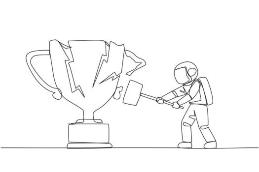 Single continuous line drawing young astronaut preparing to hit the big trophy. Rampage. Expressing mounting anger. Smashing the trophy with a sledgehammer. Failed. One line design illustration vector
