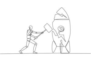 Single one line drawing smart robotic preparing to hit a standing rocket. Rampage. Not ready to accept new technology. Not ready for competition. Lost. Continuous line design graphic illustration vector
