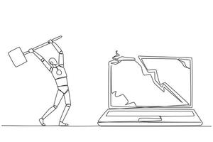 Single continuous line drawing smart robotic preparing to hit big laptop. Rampage. Destroying technology that cannot used optimally. Upgrade hardware and brainware. One line design illustration vector