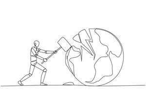 Single continuous line drawing smart robotic preparing to hit the big globe. Disappointed with the world. Businesses fall apart before it grow. Deepest anger. One line design illustration vector