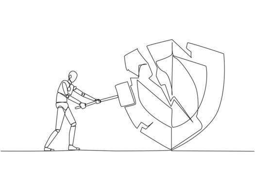 soltero uno línea dibujo inteligente robot preparando a golpear grande blindaje. alboroto. sistema es socavado por negocio competidores. injusto competencia. virus ataque. continuo línea diseño gráfico ilustración vector