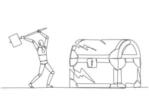 Continuous one line drawing smart robot preparing to hit big treasure chest. Rampage. Running out of capital. Steal. Doing dirty business. Not commendable. Single line draw design illustration vector