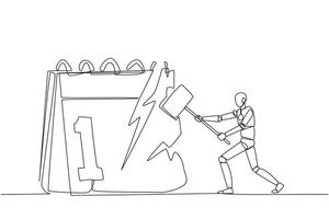 Single continuous line drawing smart robotic preparing to hit the big desk calendar. Very angry expression. Lots of deadlines, holiday schedules become messy. One line design illustration vector