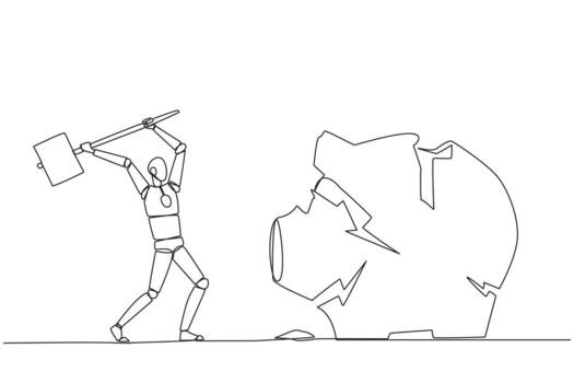 Single one line drawing smart robotic preparing to hit the big piggy bank. Running out of capital. Unprofitable business. Trying new luck. Rise again. Continuous line design graphic illustration vector
