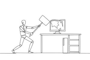 Single continuous line drawing smart robotic preparing to hit computer monitor on the work desk. Stocks that don't rise. Didn't get any profit. Anger escalated. One line design illustration vector