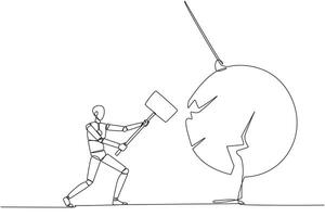 Single one line drawing smart robotic preparing to hit big swinging pendulum. Metaphor eliminate business distraction. Number one to be a business keeper. Continuous line design graphic illustration vector