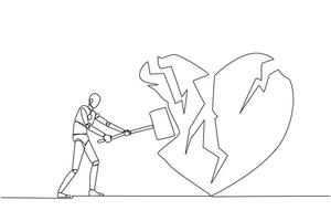 Continuous one line drawing smart robot preparing to hit big heart. Broken heart. Loss of concentration. Emotional feeling. No direction. Angry. Madness. Single line draw design illustration vector