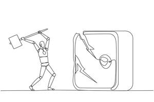 Single continuous line drawing smart robotic preparing to hit the big safe deposit box. Boss is furious want to destroy with hammer. The angry robot. AI tech. One line design illustration vector