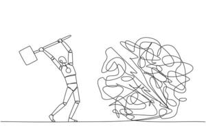 Continuous one line drawing smart robotic preparing to hit big mess circle. Eliminate stress and anxiety. Focus on developing business. Achieve big profits. Single line draw design illustration vector
