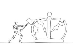 Continuous one line drawing smart robot preparing to hit the big crown. Destroying the symbols of authoritarian kingdom. Expect justice for business people. Single line draw design illustration vector