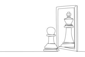Continuous one line drawing pawn chess standing in front of mirror, reflecting chess king. Metaphor of confidence. Success, opportunities concept. Chance. Single line draw design illustration vector