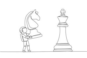 Single one line drawing young astronaut holds horse chess to beat king chess. Strategic planning, business development strategy, tactic entrepreneurship. Continuous line design graphic illustration vector