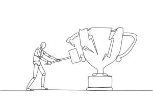 Single one line drawing smart robot preparing to hit the big trophy. Rampage. Expressing mounting anger. Smashing the trophy with a sledgehammer. Failed. Continuous line design graphic illustration vector