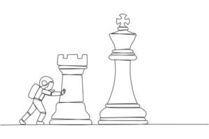 Continuous one line drawing young energetic astronaut push huge rook chess piece. Business strategy and marketing plan. Strategic move in business concept. Single line draw design illustration vector