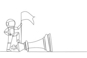 Single continuous line drawing young astronaut holds flag, defeat competitor in business as winning chess game. Strategy success using powerful move for advantage. One line design illustration vector