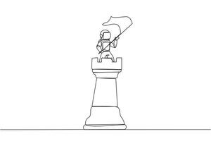 Single continuous line drawing young energetic astronaut standing on top of big rook chess and waving a flag. Leader success concept. Successful business strategy. One line design illustration vector