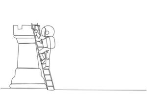Single one line drawing young astronaut climb huge rook chess piece with ladder. Business strategy and marketing plan. Strategic move in business concept. Continuous line design graphic illustration vector