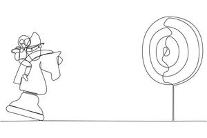 Single continuous line drawing young energetic astronaut holding archery aiming target while riding chess horse piece, strategic concept. Success business manager. One line design illustration vector