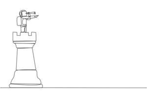 Single one line drawing young energetic astronaut on top of big rook chess piece using monocular looking for success, opportunities, future business trends. Continuous line design graphic illustration vector