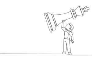 Single continuous line drawing young strong astronaut holding, lifting king chess piece. Successful entrepreneurship tactics or strategy, superiority in business. One line design illustration vector