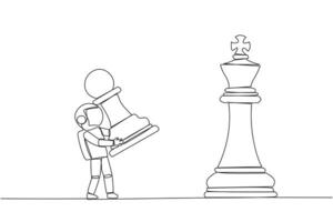 Single one line drawing young astronaut holds pawn chess to beat king chess. Strategic planning, business development strategy, tactics in entrepreneurship. Continuous line design graphic illustration vector