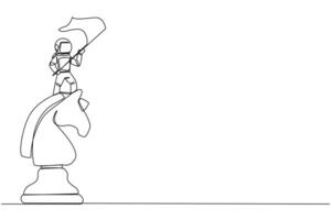 Continuous one line drawing young energetic astronaut standing on top of big horse chess and waving a flag. Business achievement goal, metaphor concept. Single line draw design illustration vector