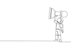 Single continuous line drawing young energetic astronaut holds, lifting pawn chess piece. Successful entrepreneurship tactics or strategy, superiority in business. One line design illustration vector