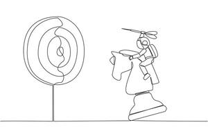 Continuous one line drawing young energetic astronaut holding a dart arrow while riding chess horse piece, strategic concept. Success business manager. Single line draw design illustration vector