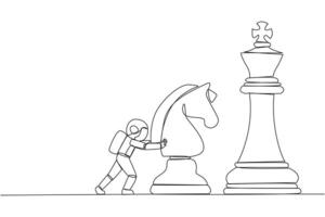 Continuous one line drawing young energetic astronaut push huge horse chess piece. Business strategy, marketing plan. Strategic move in business concept. Single line draw design illustration vector