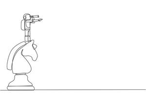 Single continuous line drawing young energetic astronaut on top of big horse chess piece using monocular looking for success, opportunities, future business trend. One line design illustration vector