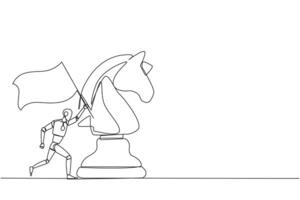 Single one line drawing smart robot future technology running and holding flag beside big horse knight chess. Business achievement goal, metaphor concept. Continuous line design graphic illustration vector
