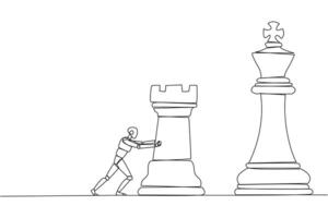 Single one line drawing smart robot future technology push huge rook chess piece. Business strategy and marketing plan. Strategic move in business concept. Continuous line design graphic illustration vector