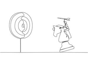 Single continuous line drawing smart robot future technology holding a dart arrow while riding chess horse piece, strategic concept. Success business manager. One line design illustration vector