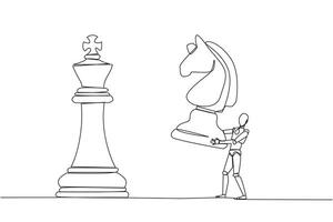 Continuous one line drawing smart robotic holds horse chess to beat king chess. Strategic planning, business development strategy, tactic entrepreneurship. Single line draw design illustration vector