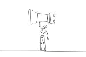 Single continuous line drawing robot smart technology holding, lifting rook chess piece. Successful entrepreneurship tactics or strategy, superiority in business. One line design illustration vector