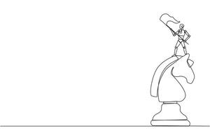 Single one line drawing robotic smart technology standing on top of the big horse chess and waving a flag. Business achievement goal, metaphor concept. Continuous line design graphic illustration vector