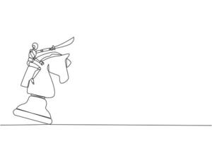 Single one line drawing robotic smart technology riding the big chess horse knight with sword. Strategy, business, competition, achievement goal concept. Continuous line design graphic illustration vector