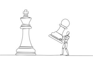 Single continuous line drawing smart robotic holding pawn chess to beat king chess. Strategic planning, business development strategy, tactics in entrepreneurship. One line design illustration vector